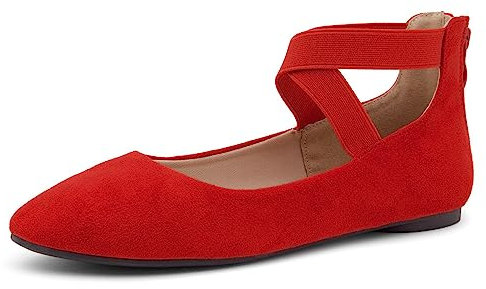 Shoe Land Women's Flats – Dressy & Casual Almond Toe Flat Shoes with Elastic Ankle Strap, Comfortable Slip-On Ballet Flats for Work, Office & Special Occasions, Red, Size 10.0, SL-Malory