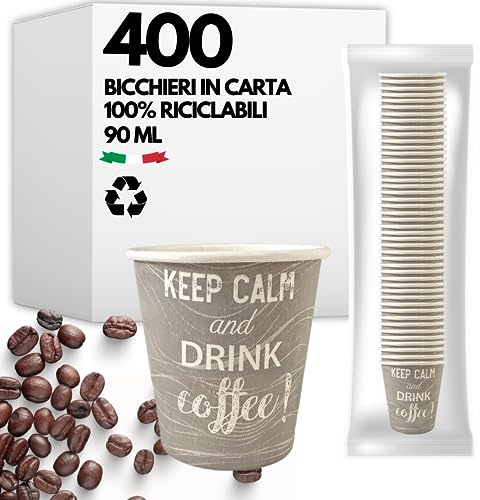 400 Bicchieri Caffè Carta da 90 ml - Bicchierini da Caffe Riciclabili 100% - Bicchieri da Caffe in Carta Alta Qualità - Bicchieri monouso da 90 ml - Bicchieri da Caffe per Bevande Calde e Fredde