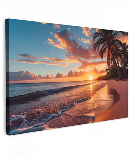 MuchoWow© Impressions sur Toile 90x60 cm Deco Tableau Murale Decoration Salon Peinture Tableaux Chambre Toiles Maison Coucher de soleil - Palmiers - Mer - Soleil - Plage