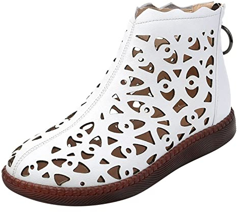 Zapatos Mujer Botas con cordones Color sólido Encaje hueco Zapatos Casual Cremallera trasera Planas Botas frescas Zapatos de mujer Elegante Verano, Blanco, 38 EU