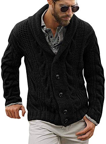 Runcati Cardigan da uomo giacca a maglia grossa a maniche lunghe cardigan a maglia intrecciata casual con collo a scialle abbottonato maglieria soprabito capospalla invernale, Nero , XL