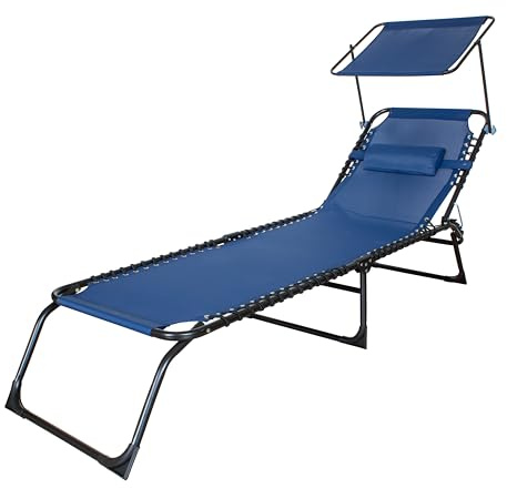 GARDENIA Sonnenliege, zusammenklappbar, mit Sonnendach und Kissen, Gestell aus Stahl, Textilene-Gewebe, 190 x 58 cm, für Garten, Terrasse, Pool oder Strand – Blau/Grau/Ecru