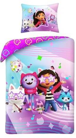 Halantex Bettwäsche-Set GABBY Das Puppenhaus – Gabby's Dollhouse Bett – Bettbezug 140 x 200 cm mit Kissenbezug 70 x 90 cm – 100 % Baumwolle, mehrfarbig