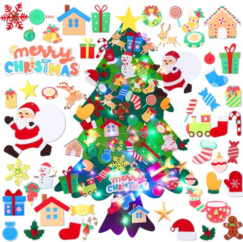 HarnyLoom Árbol de Navidad de Fieltro Niños DIY 105 cm con Muñeco Papá Noel con 50 Adornos Desmontables Montessori Decoración de la Pared de la Colgante para Casa Puerta del Hogar (50 PCS)