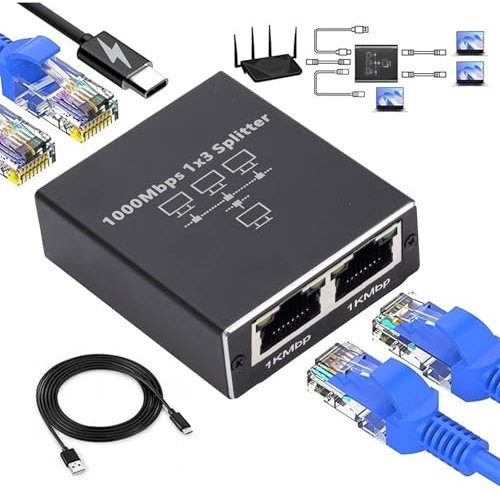 Rynli Ethernet Switch RJ45 Splitter 1 to 3 Out , Gigabit Network Switch 3 port, 1000Mbps LAN Cable Internet Splitter Ideal for Gaming, Streaming, and Home Network - Efficient Ethernet Hub