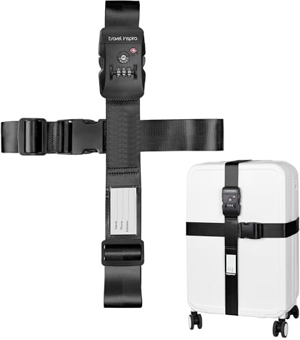 travel inspira Sangle Valise TSA, Sangle Valise Voyage avec Code, Sangles Croisée pour Valises 20-32 Pouces, Réglable 120-205 cm, Accessoires Voyage, Cadeau Voyage, Ceinture à Bagages (Noir)