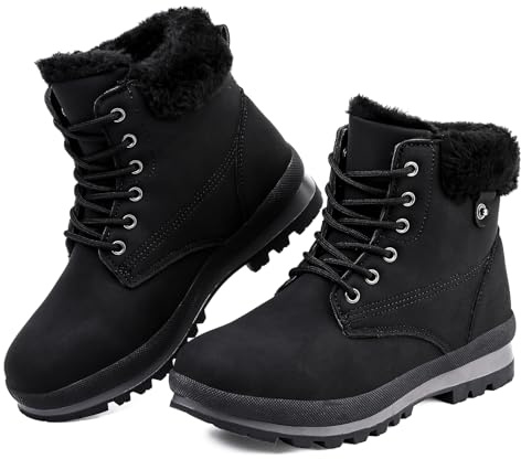 Snow Boots Womens Winter Boots Warm Fur Lined Walking Boots Ankle Boots Ladies Hiking Boots Mid Calf Boots Lace up Outdoor Non-Slip Work Booties Girls Light weight Black
