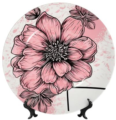 WLKSNBVD 7in Bone China Decorative Plate, Dahlia Flower Doodle Ceramic Dinner Plates with Display Stand, Ceramic Ornaments Art Porcelain Plate for Home Office Wall Decor Collections Plates