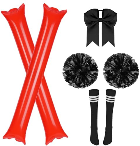 AYBUY Cheerleader kostymtillbehör, Cheerleader Uniform tillbehör, inkluderar pom-pom, rosett hårtillbehör, randiga strumpor, uppblåsbara pinnar, för dans, svart