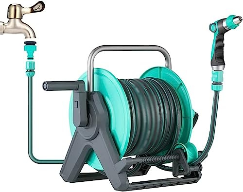 Enrouleurs de tuyaux portables, chariot pour tuyau d'arrosage mural extérieur, dispositif de guidage pour tuyau d'arrosage de jardin, pour lave-auto (couleur : bleu, taille : chariot + tuyau de 15 m