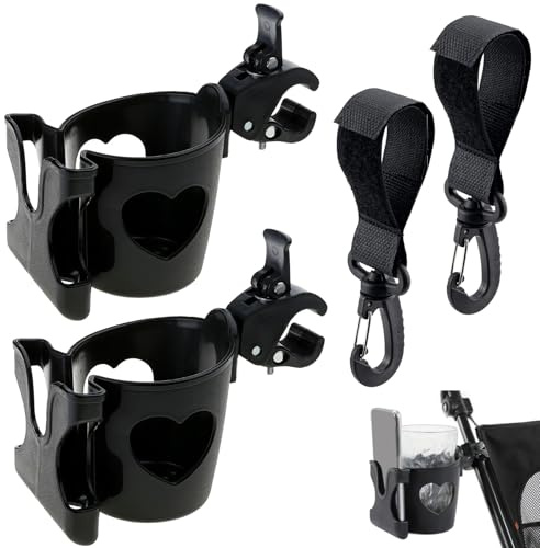 Spetsbst 2-IN-1 Portabicchieri per Passeggino con Supporto per Cellulare, Accessorio Universale per Buggy, Portabicchieri per Bicicletta con 2 Ganci, Portabicchieri da Caffè per Buggy, Sedia a Rotelle