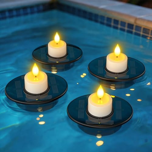 PChero Juego de 4 luces solares flotantes para piscinas, IP68, resistentes al agua, para estanques, velas de té, velas flotantes, con sensor de luz para piscina, jardín, terraza, balcón, decoración