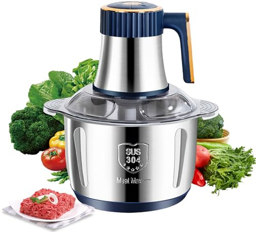 Hachoir Électrique 5L en Acier Inoxydable, Hachoir à Viande 500W avec 6 Lames, 5 Vitesses Réglables, Mixeur Multifonction pour Viande, Légumes, Noix et Aliments Bébé, Facile à Nettoyer (Bleu)
