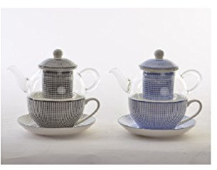 Hogar y Mas Tetera y Taza Porcelana Natural Cristal Infusiones Filtro Porcelana Diseño Étnico 2 Colores - Azul