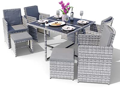 Swing & Harmonie Sitzgruppe Garten - Rattanmöbel Outdoor - Robuste Gartenmöbel - Hochwertige Gartengarnitur - Garten-Essgruppe - Outdoormöbel - Esstisch (9-Teilig, grau)