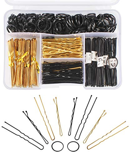 Dadabig 320 Stück Haarnadeln und kleines Gummiband, Silikon, Haarspange in U-Form, Schwarz & Gold, mit Aufbewahrungsbox für Damen, Dutt, Hochzeit, Frisur