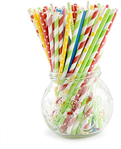 Norpro Paper Drinking Straws, Fiesta (200 Pack), 100% Biodegradable-Assorted Colors & Patterns, Multicolor