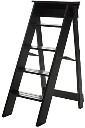 ZHZ-DT Leiterstuhl Faltbar Leiter Stuhl Klappbar Holz 5 Stufen Hocker Multifunktion Tritthocker Trittleiter Klappstufen für Küchen Büro Bibliothek Dachboden, Schwarz