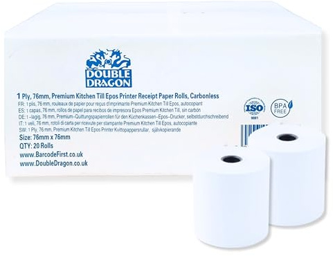 Double Dragon Rouleaux Papier Sans Carbone 76x76mm, simple épaisseur, pour imprimantes à impact, caisses non thermiques, calculatrices. Idéal pour cuisine et bureau. Pack de 20 rouleaux