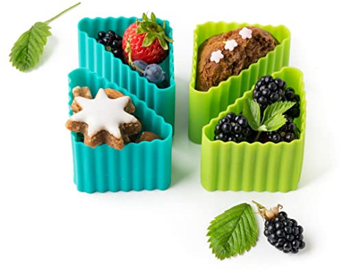 LEKKABOX Cups, Dreieck 4er Set (Petrol/Apfel) - Silikon Förmchen für saubere Trennung in der Brotdose | Bento Box Lunchbox Zubehör