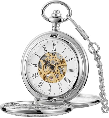 Tiong Vintage Pocket Watch with Chain Roman Numerals Scale Double Hunter Mechanical Steampunk Skeleton Pocket Watch & Box