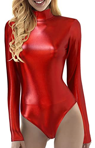 Damen Glänzende Ballettanzug Ballettbody Sport Tanz Body Gymnastikanzug Trikot Langarm Bodysuit Metallic Wetlook Einteiler Turnanzug Leotards Overall Lack Leder Oberteile Tops Kostüm