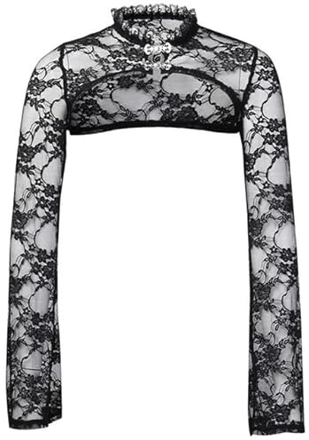 NJUDE Ny dam vintage flare långärmad smal bolero volanger stativ krage blommig spets axelband sexig genomskinlig svart cardigan magtröja