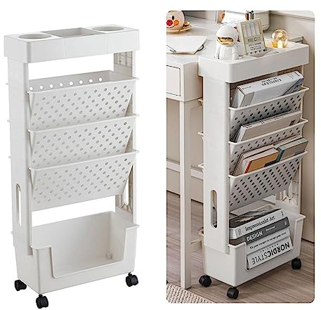 Aocase 5-stufiges Standregal, Zeitungsständer, Bücherwagen mit Rädern, rollender Aktenwagen, Mehrzweck-Rollwagen, Weiß