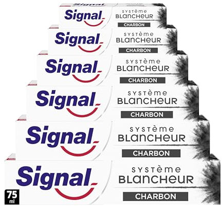 SIGNAL - Dentifrice Système Blancheur Charbon Actif - Des dents plus blanches en 1 semaine - Blancheur naturelle - 95% d'ingrédients d'origine naturelle (lot de 6x75ml)