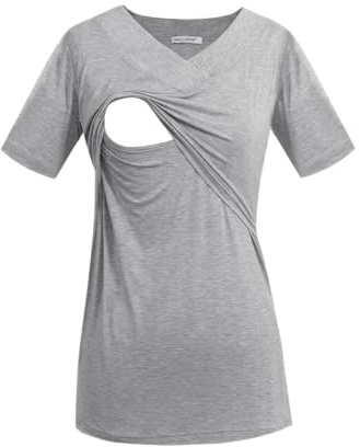 Smallshow Maglietta da allattamento da donna con scollo a V, maniche corte, per l'allattamento, Grigio chiaro, M
