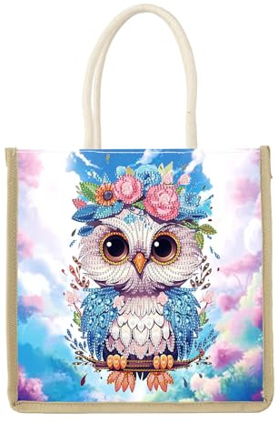 SHEGZHUC 26x26cm Diamond Painting Tasche Diamond Painting Einkaufstaschen Tragetasche Umhängetasche Diamant Painting Stofftasche Baumwolltasche Handtasche Bastelset Geschenk || Eule Blau