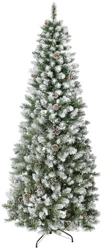 HOMCOM Albero di Natale Innevato da 180 cm 630 Rami 37 Pigne Verde e Bianco | Albero di Natale Finto, Plastica e Metallo, Base Rimovibile