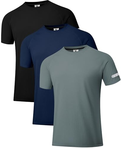 Holure träningströjor för män, UPF 50+ solskydd, utslagsskydd t-shirts, snabbtorkande, SPF, UV, simning, kortärmade skjortor, 3-pack-svart/marinblå/mörkgrå, S