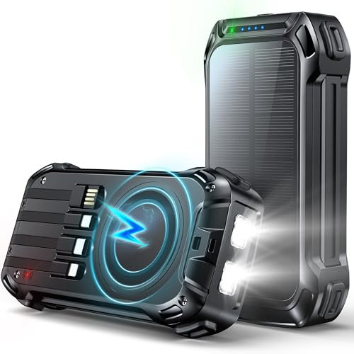 Solar Power Bank 26800mAh: 30W PD 3.0 A USB C Powerbank Ricarica Rapida con 4 Cavi, 6 Uscita & 4 Ingresso, 15W Ricarica Wireless, Spie luminose a LED, Torcia, Caricatore Portatile con Smartphones