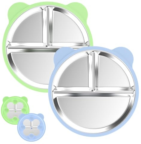Ayciep Edelstahl Baby Teller mit Saugnapf, 2 Stück Silikon Kinderteller mit 4 Saugnäpfen, Edelstahl Teller Baby, BPA-frei, Rutschfeste, Abnehmbare Silikonhülle, Babyteller, Kinderteller, Blau + Grün