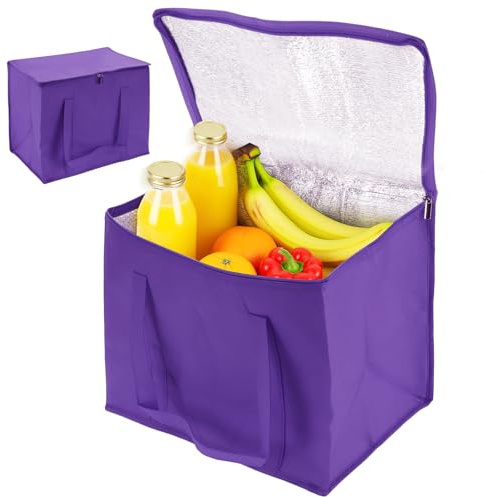 DAKFOOK 2 Pack Food Delivery Bag, 30L Cool Bags with Zip, Insulated Purple Grocery Shopping Bags, Thermal Cooler Bag Box for Shopping, Camping, Picnic
