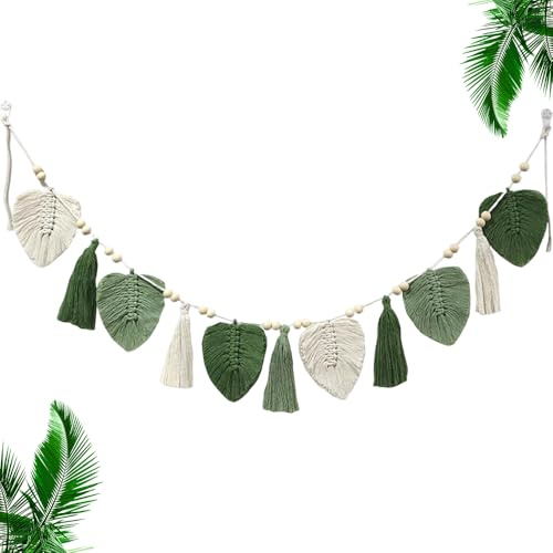 AXVRAV Boho Deko Makramee Wandbehang, 150 cm Chic Tapisserie Fransengirlande, Boho Deko Gewebtes Blätter Wandteppich, für Wohnzimmer Kinderzimmer Schlafzimmer Balkon Wohnzimmer Camp (Grün)