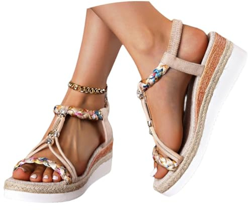 ticticlily Sandales Compensées Femme Été Confortable Boho Chaussures Avec Talon Plateforme D Beige 37 EU
