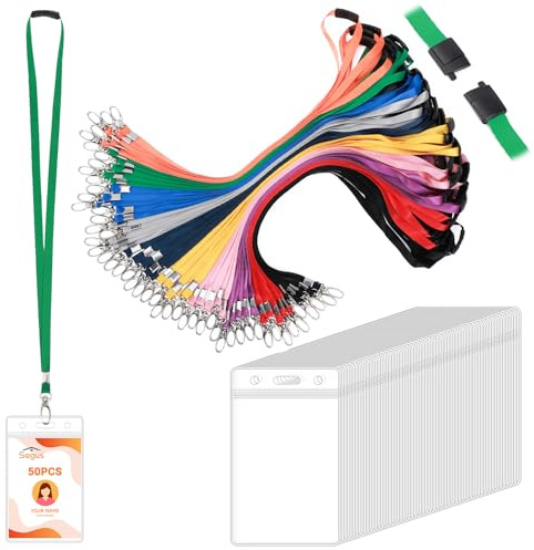 Segus Tarjetero Colgante, 50 Piezas Lanyard con Porta Tarjetas Identificativas, Cinta para Llaves al Cuello con Cierre de Seguridad, para Oficina, Escuela, Ferias (Vertical)