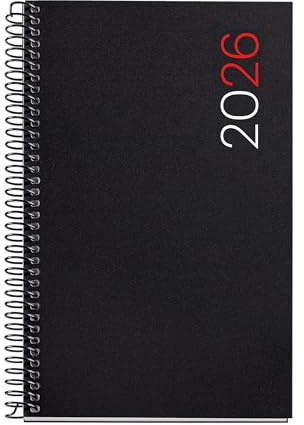 Miquelrius - Dagbok för sida 2026, liknande A6+ (117 x 182 mm), flexibelt polypropen, spiral, papper 80 g/m², daglig planerare, ES-EN-PT, svart