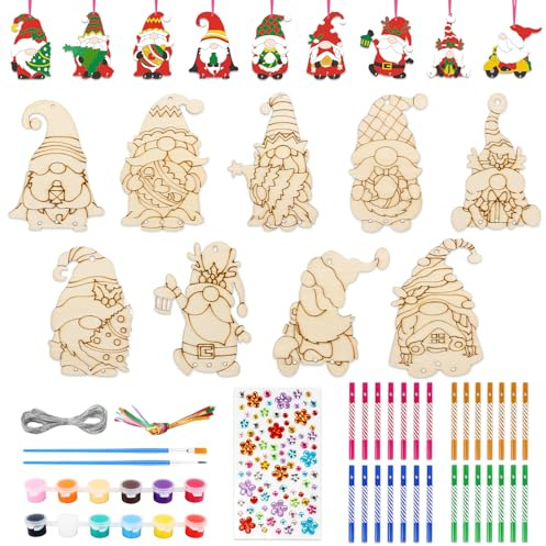 9 Stück Weihnachten Windspiel Bastelset Kinder Holzanhänger zum Bemalen DIY GNOME Weihnachten Baumschmuck aus Holz, Weihnachtsdekoration Wichtel Weihnachtsbastelset mit Lanyard Buntstiften