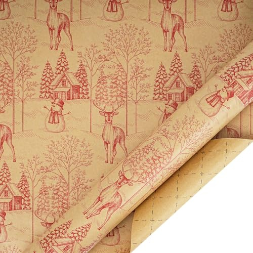 BIOBROWN Christmas Kraft Wrapping Paper Roll, Rustic Red Winter Toile Theme with Deer, Snowman & Cabin – Vintage Gift Wrap for Holiday, Xmas, Winter Party Gifts 43cm x 10m