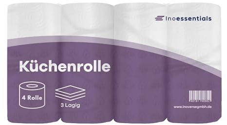 Inoverse Rotoli da cucina a 3 strati, 4 rotoli (1 pezzo), 50 fogli per rotolo, carta da cucina in 100% cellulosa, extra assorbenti e resistenti agli strappi, rotoli per la casa