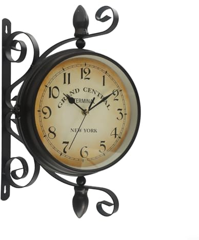 Yuanpgky Reloj de pared vintage de doble cara con diseño de estación de tren de hierro forjado, 20,3 cm, redondo, estilo antiguo para sala de estar y pasillo