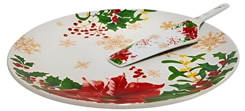 COSE DA CASA Piatto Natalizio per Dolci Panettone natale Torte con Paletta D 30 in Ceramica Stella di Natale e Agrifoglio idea regalo
