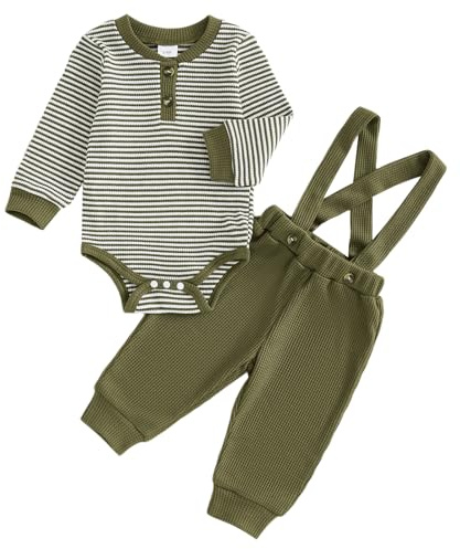 Haomibacu Infant Baby Boys Waffle 2Pcs Outfits Striped Long Sleeve Romper Solid Color Suspender Pants Fall Winter Casual Clothes Set (Army Green, 0-3 Months)