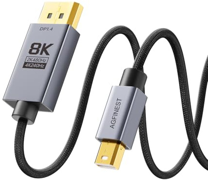 AGFINEST Ultra-Soft Mini DisplayPort to DisplayPort Cable, Bidirectional Flexible Mini DP to DP1.4 8K@60Hz 4K@240Hz HDR VRR G-SYNC for PC VR, Laptop, MacBook, Surface Pro, Gaming Monitor (1.5m)