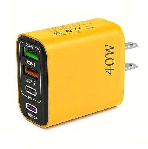 Adaptador de enchufe EE.UU., Cargador de viaje de EE.UU. y Canadá, Cargador rápido 40W, 4 en 1 Adaptador de enchufe americano con 2 USB C y 2 USB A, tipo A para China Canadá México – Color Amarillo
