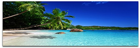 Paul Sinus Art Panoramabild auf Leinwand und Keilrahmen 120x40cm Seychellen Strand Meer Palmen