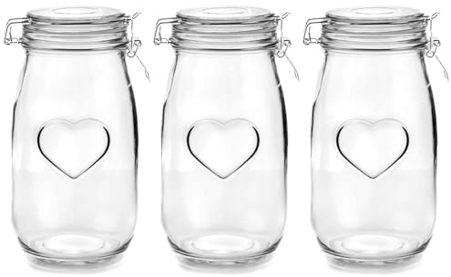 Nicola Spring Heart Shaped Glass Storage Jar with Airtight Clip Lid - 1500ml - 3 Pack - 4 Colour Seals - Kitchen Vintage Round Preserving Container for Pickling, Chutney, Jam, Coffee, Oats